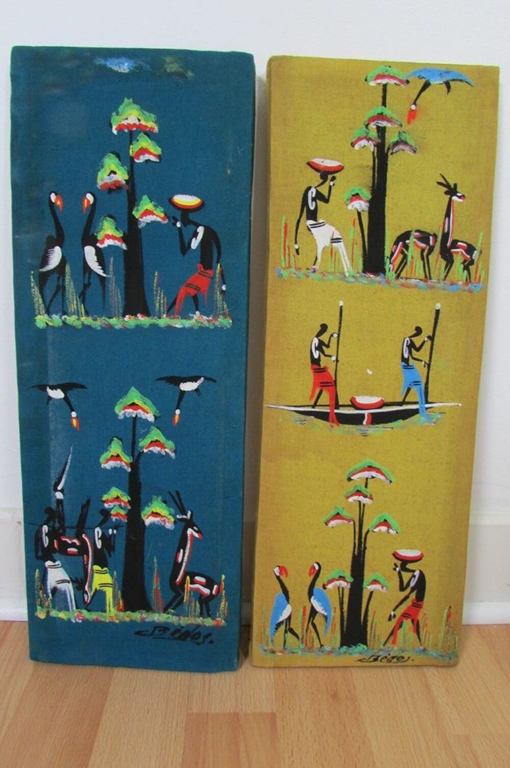 4 cadres color&eacute;s, Folk Art Gouache, th&egrave;me Afrique, sign&eacute;s Décoration
