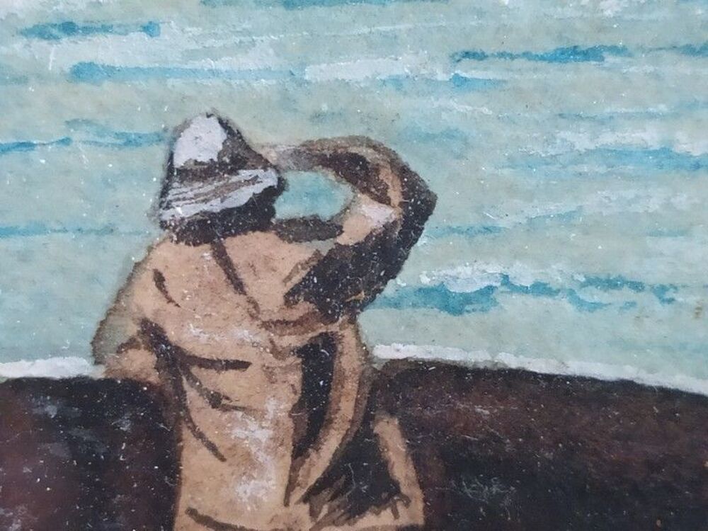 Tableau Dessin Gouache Marine P&ecirc;cheur Sign&eacute; Jampierre ca1930 