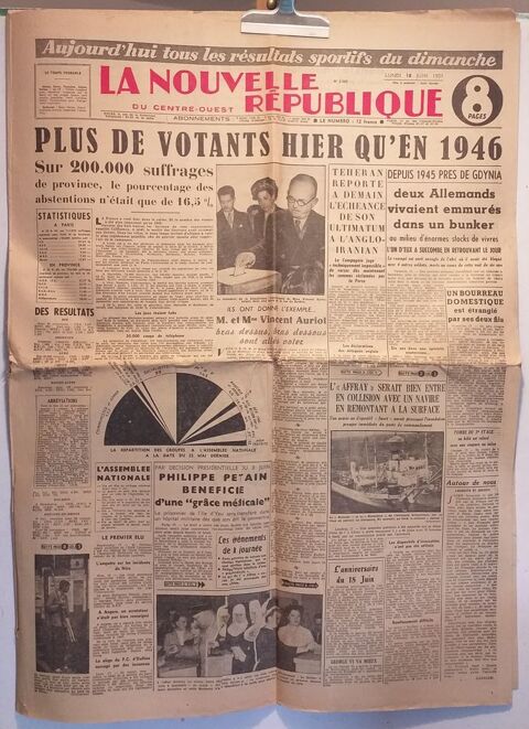  Journal , la Nouvelle République ,  Election de l951 16 Tours (37)