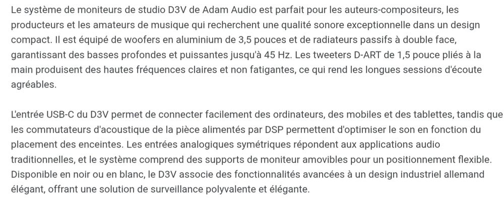 Monitors ADAM AUDIO D3V Neufs Audio et hifi