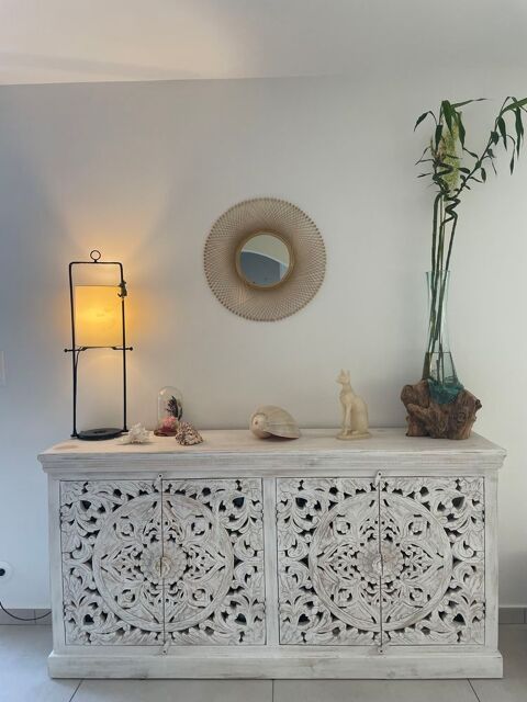 Buffet enfilade 4 portes en manguier massif sculpté blanc Lolif (50)