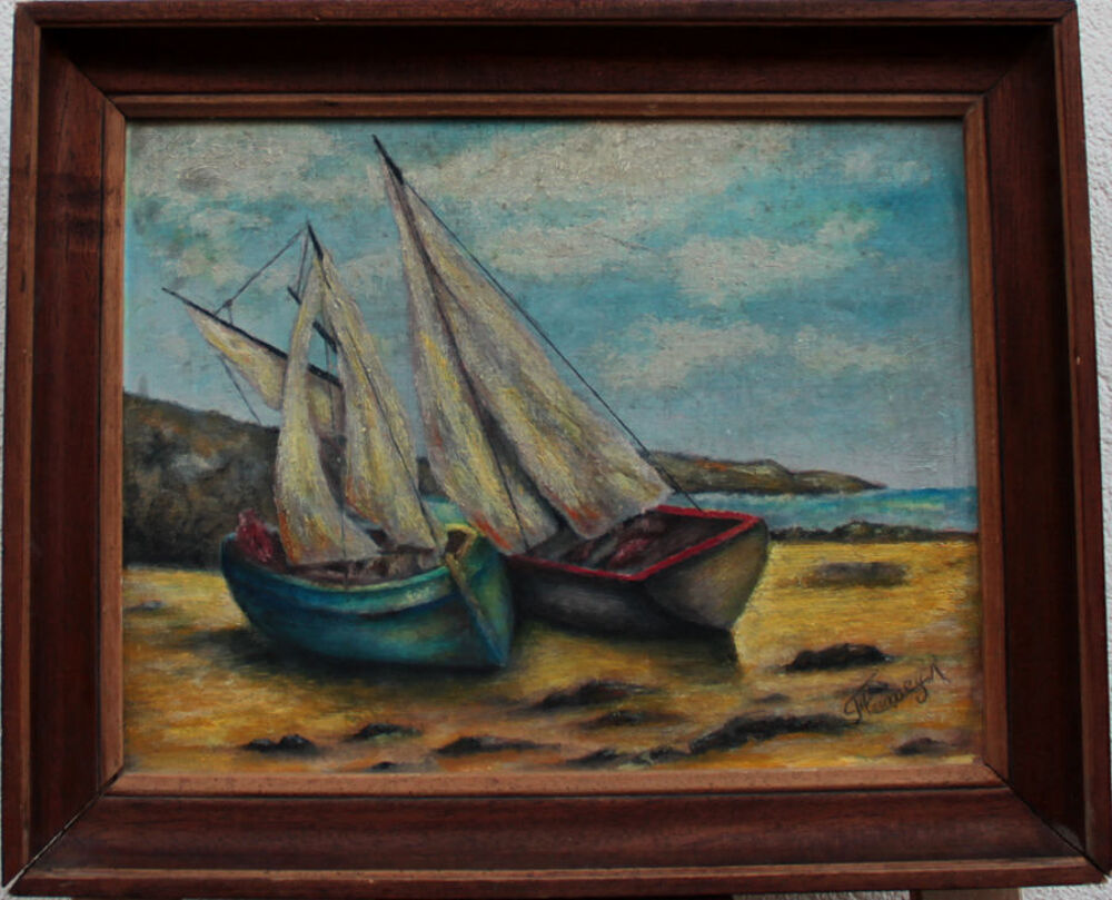 ANCIEN TABLEAU PEINTURE MARINE VOILIERS BARQUES POINTUS Décoration