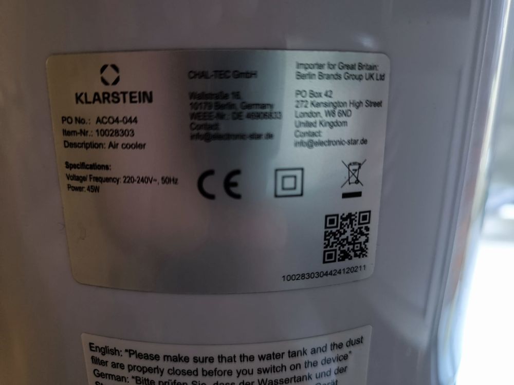 Ventilateur/brumisateur de marque Klarstein Electroménager