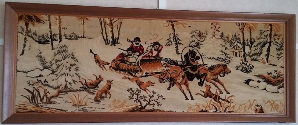 Lot de 2 grands tableaux de chasse en tapisserie Dcoration