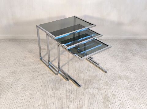 Suite de 3 tables gigognes vintage chrome et verre fumé 480 Créteil (94)
