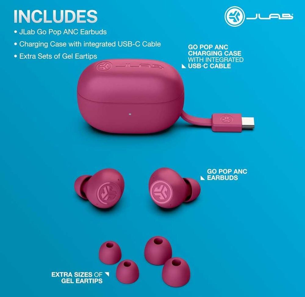 JLab Go Pop ANC Bluetooth avec R&eacute;duction de Bruit, 24+ h d'autonomie, avec Micro Multipoint, R&eacute;sistants &agrave; la Transpiration IP55 couleur Fuchsia Audio et hifi