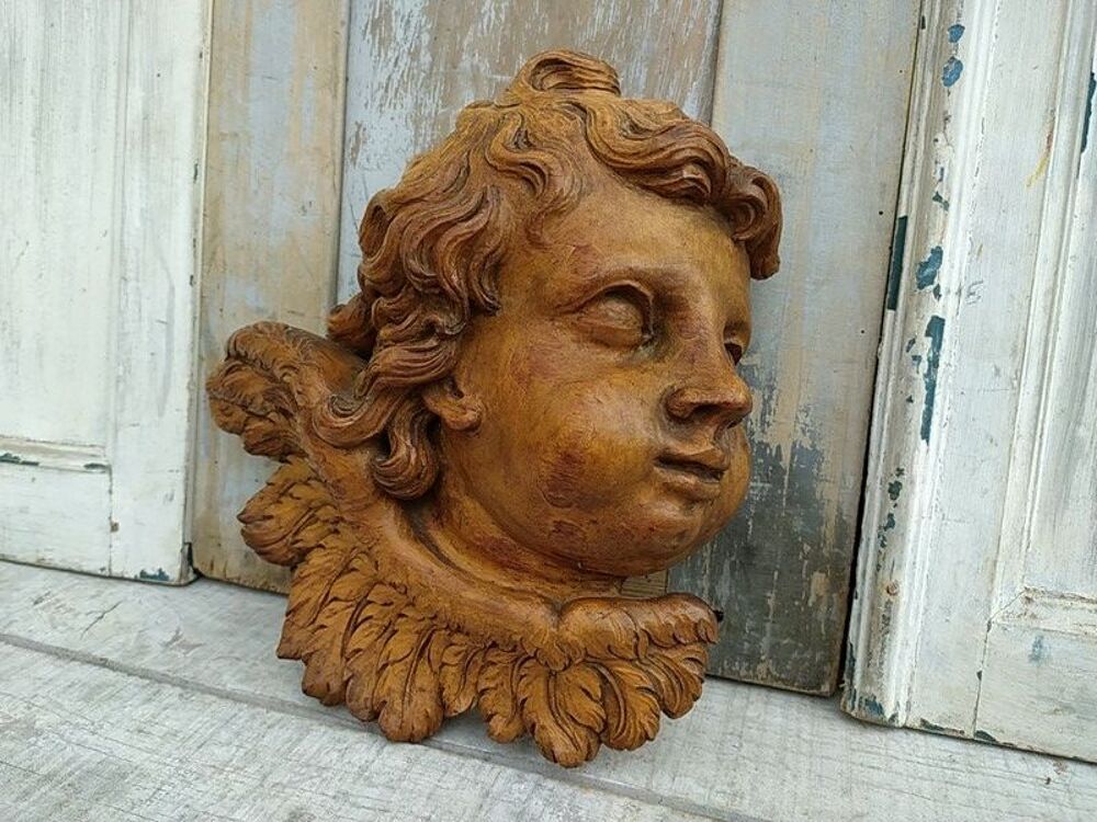 Ancienne Sculpture T&ecirc;te Ange Angelot Bois Sculpt&eacute; 
