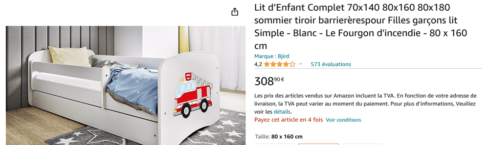 Lit enfant 80cm x 160 cm Pompier Mobilier enfants