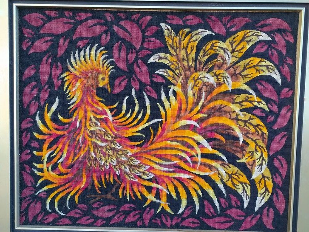 Tableau Tapisserie Oiseau Broderie Vintage 1970 Décoration