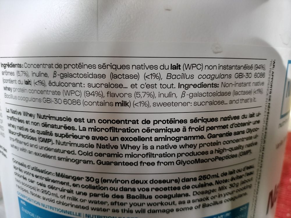 Whey native Nutrimuscle &agrave; la vanille Sports