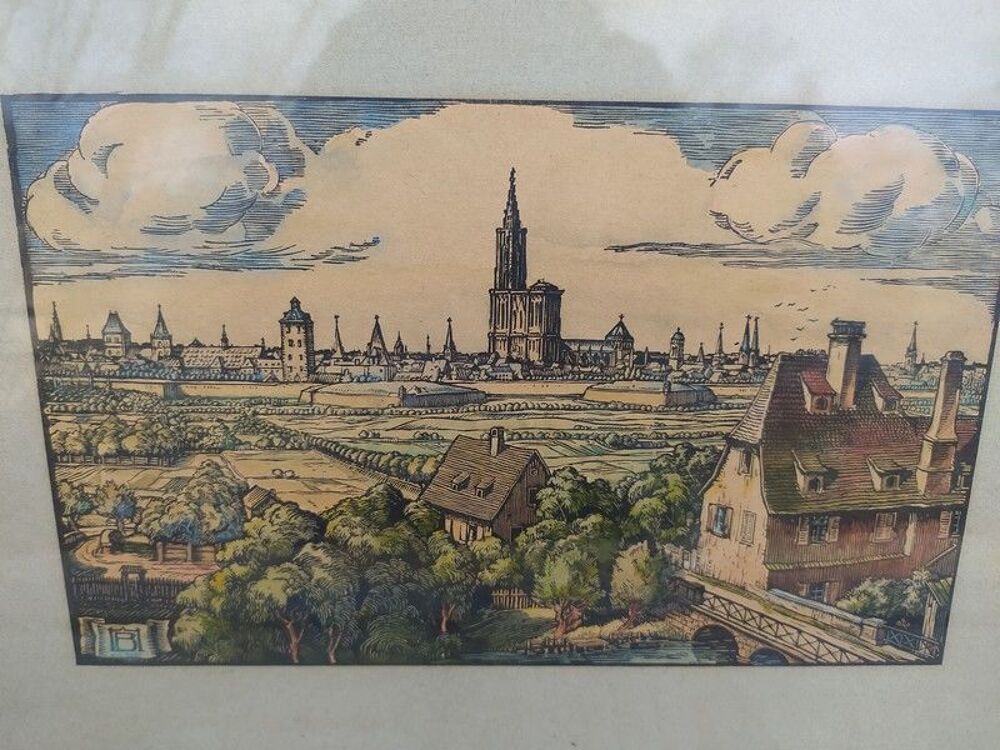 Tableau Gravure sur Bois Vieux Strasbourg Henri Bacher 
