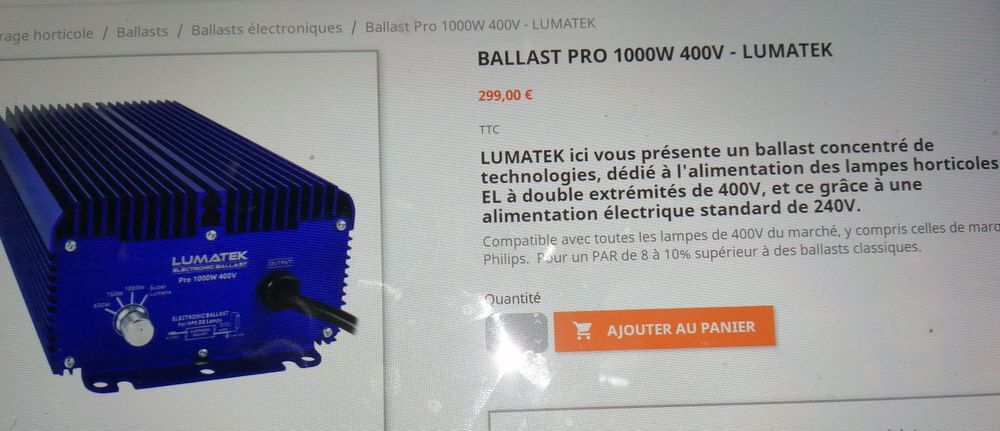 Ballast &eacute;lectronique Lumatek Pro 1000W-400V. Jardin
