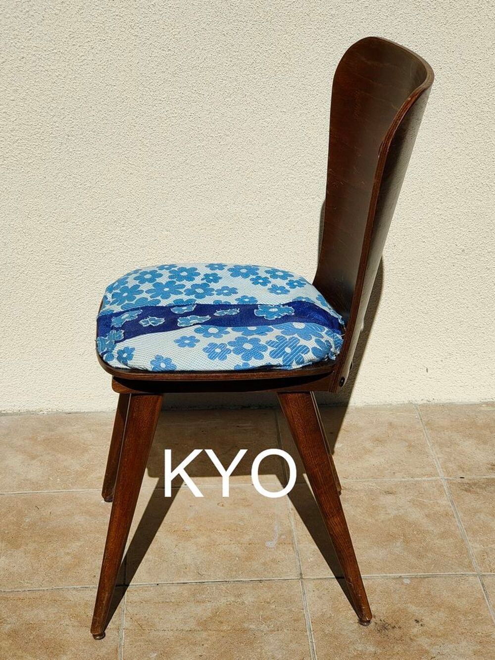 Chaise, bois massif, tissu bleu blanc - Bon &eacute;tat Meubles