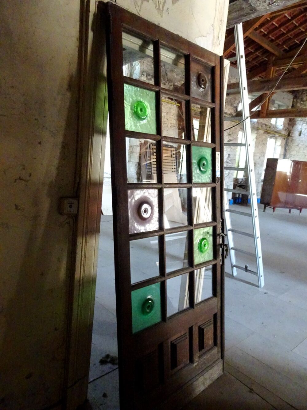 Porte bois massif (ch&ecirc;ne) verre vitraux 1960 Décoration