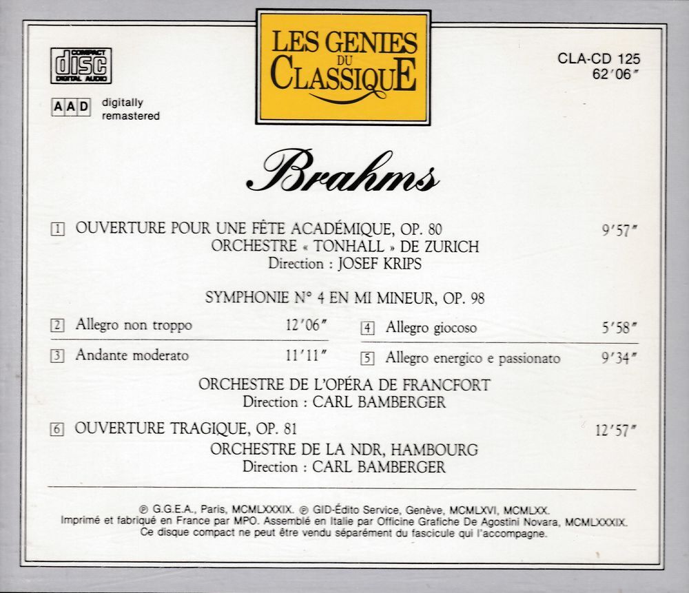 CD Brahms Ouverture Pour F&ecirc;te Acad&eacute;mique, Symphonie No.4 CD et vinyles