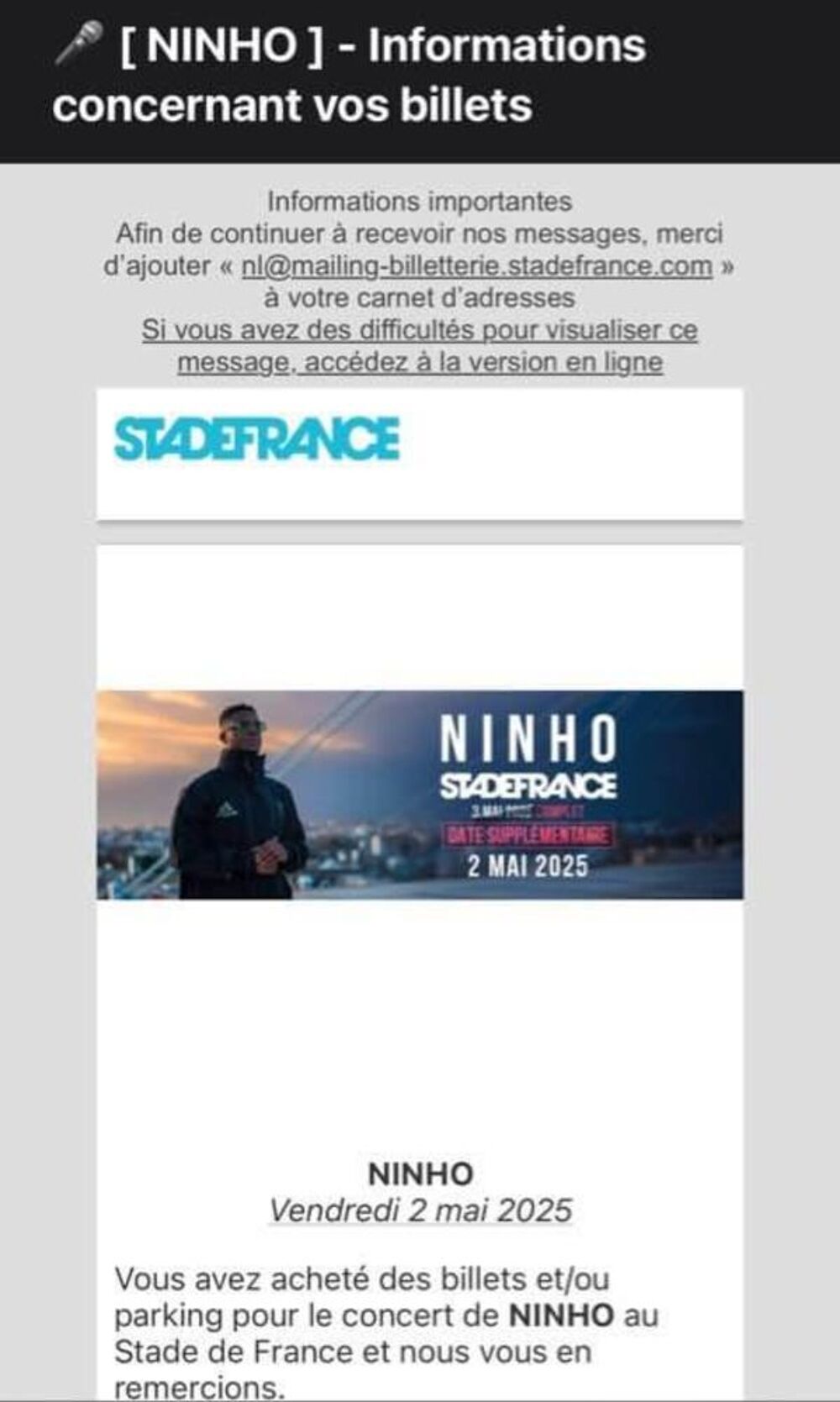  Billet concert ninho au stade de France Billetterie