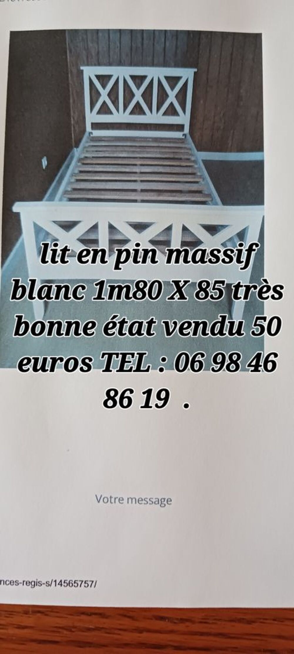 LIT EN PIN MASSIF BLANC 1 PERSONNE . Meubles