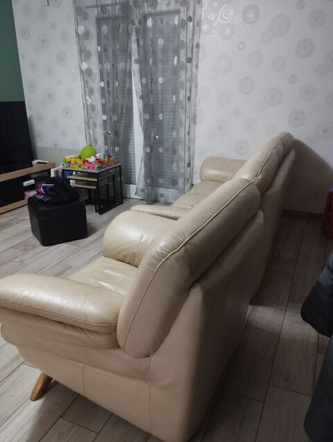 Canap� cuir beige et fauteuil identique avec pieds en bois  300 Saint-Germain-en-Cogl�s (35)