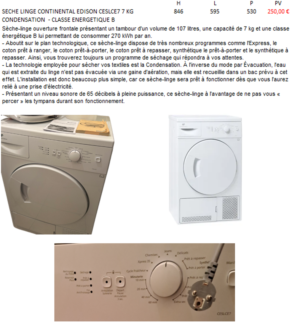 SECHE LINGE CONTINENTAL EDISON CESLCE7 7 KG CONDENSATION Electroménager