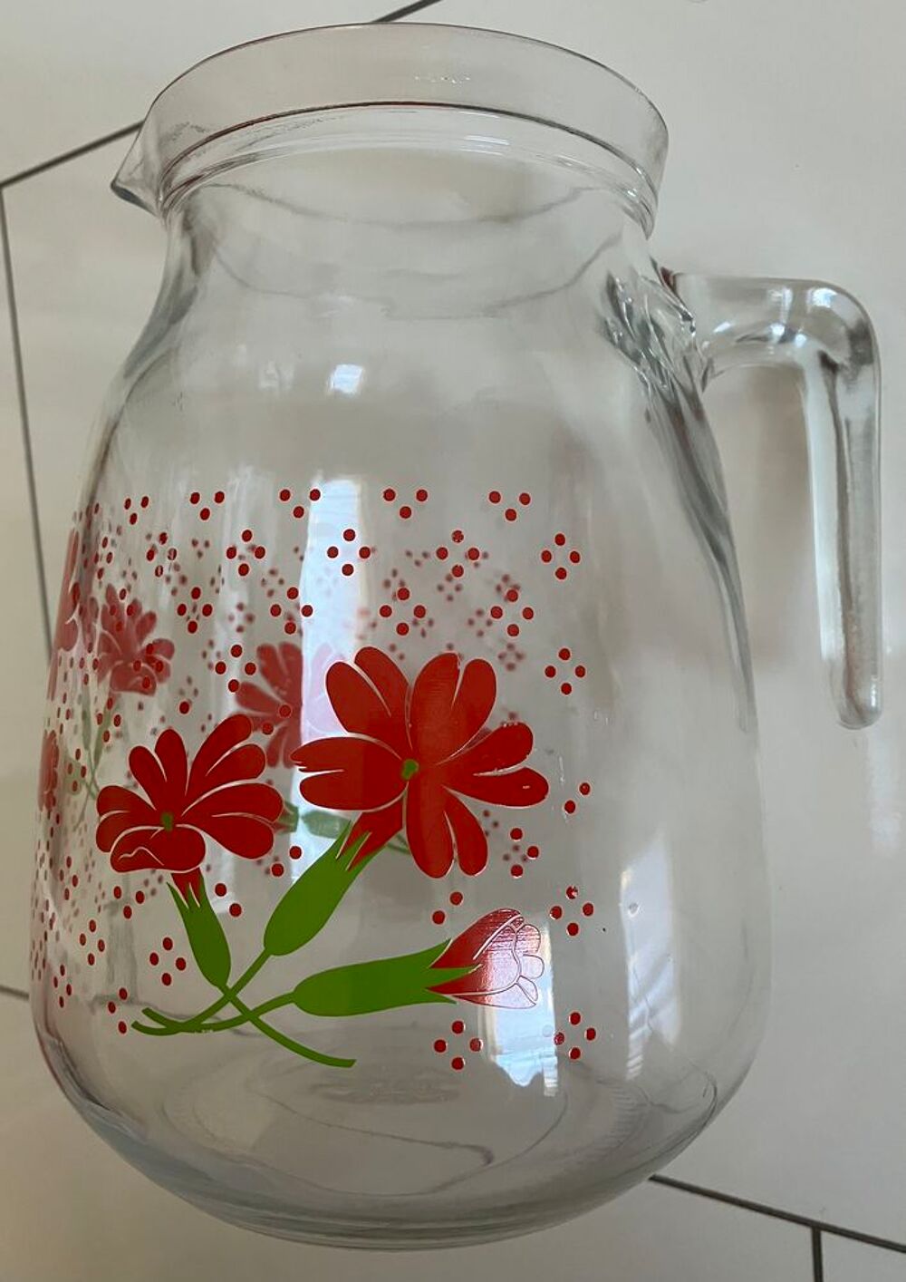 Grand pichet ancien (~1970), "CERVE", en verre + couvercle e Décoration