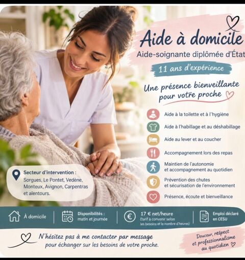 Accompagnement &agrave; domicile et soins ? Aide-soignante exp&eacute;rime 0 84000 Avignon