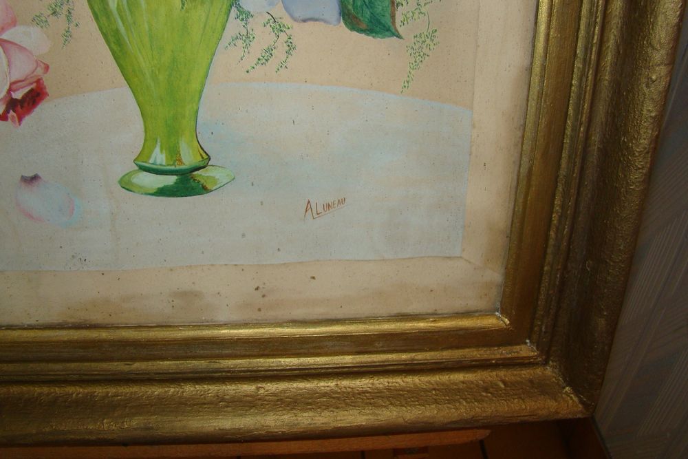 Tableau ancien sign&eacute; - aquarelle " Bouquet de fleurs " Décoration
