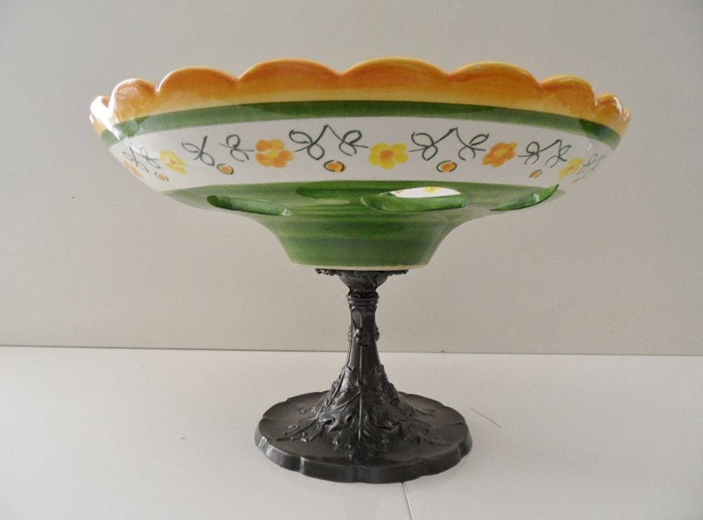 ANCIEN SALADIER CORBEILLE FRUITS CERAMIQUE PIED REGULE ART o Décoration