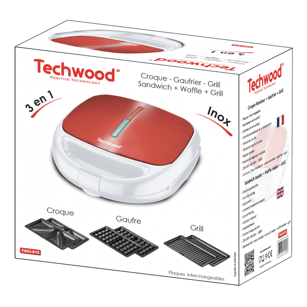 Techwood GAUFRIER + CROQUE + GRILL, Rouge Electromnager