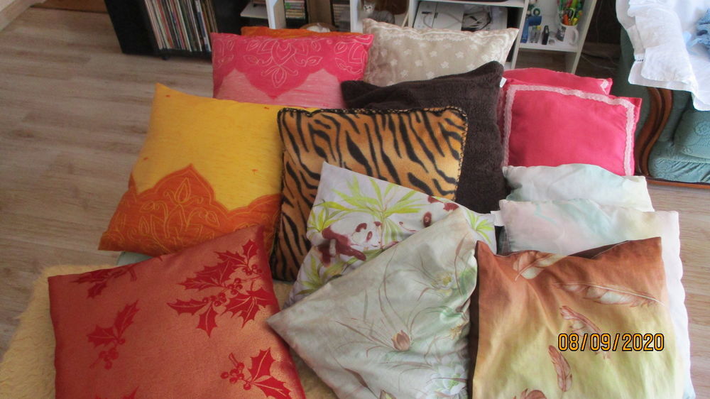 Lot coussins de couleurs diff&eacute;rentes. Décoration