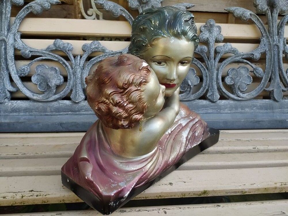 Sculpture Polychrome Femme et Enfant Sign&eacute; Cipriani Art D&eacute;co Décoration