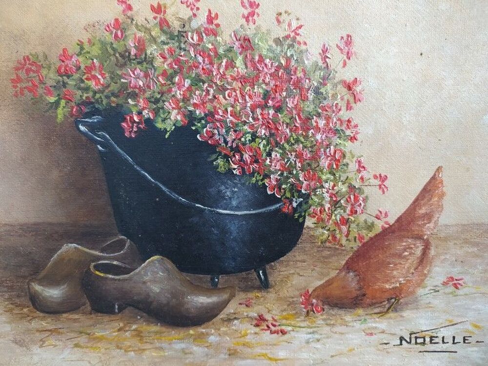 Tableau Poule et G&eacute;ranium D&eacute;co Campagne Style Ferme Décoration