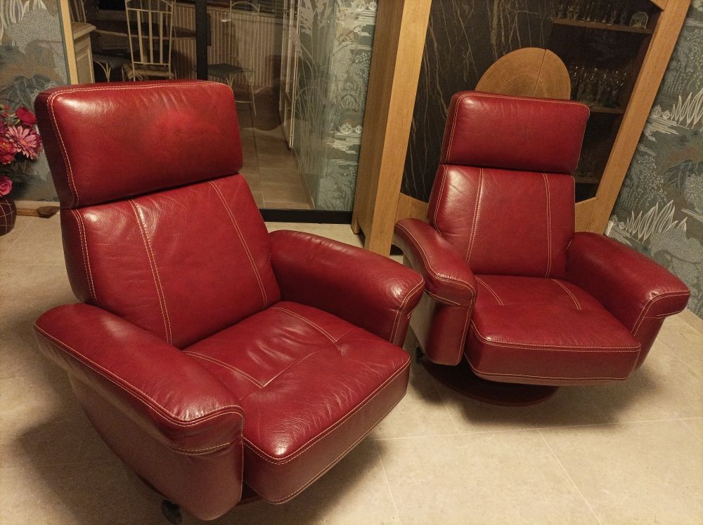canap&eacute; cuir pleine fleur 2 fauteuils inclinables pivotants Meubles
