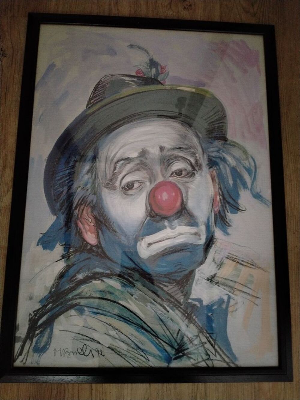 2 tableaux vintage de clown Pagliaccio tristes sign&eacute;s Décoration