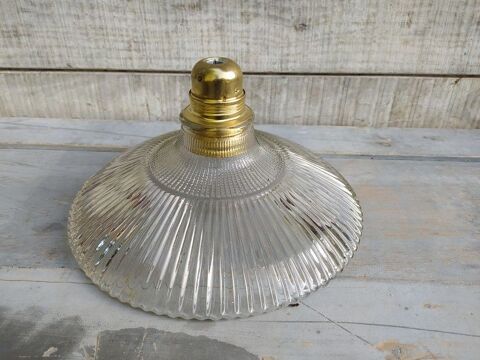 Ancienne Suspension Abat-Jour Verre Prismatique Holophane 75 Loches (37)