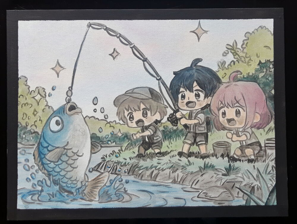 jour de p&ecirc;che entre amis - carton ttoil&eacute; 40 x 30 cm - peint Décoration