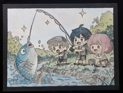 jour de pêche entre amis  - carton ttoilé 40 x 30 cm - peint 30 Fougères (35)