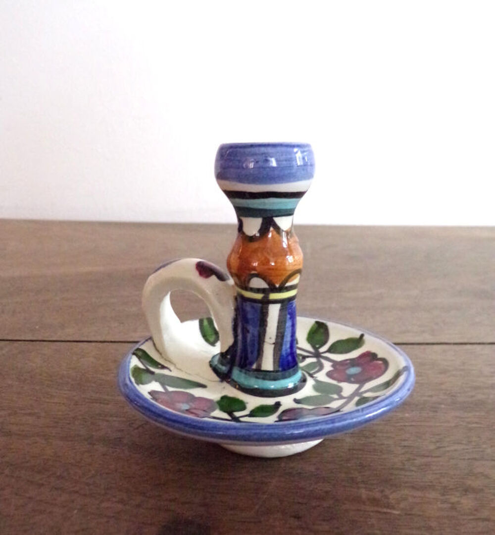 Bougeoir porcelaine motif fleur avec poign&eacute;e Décoration