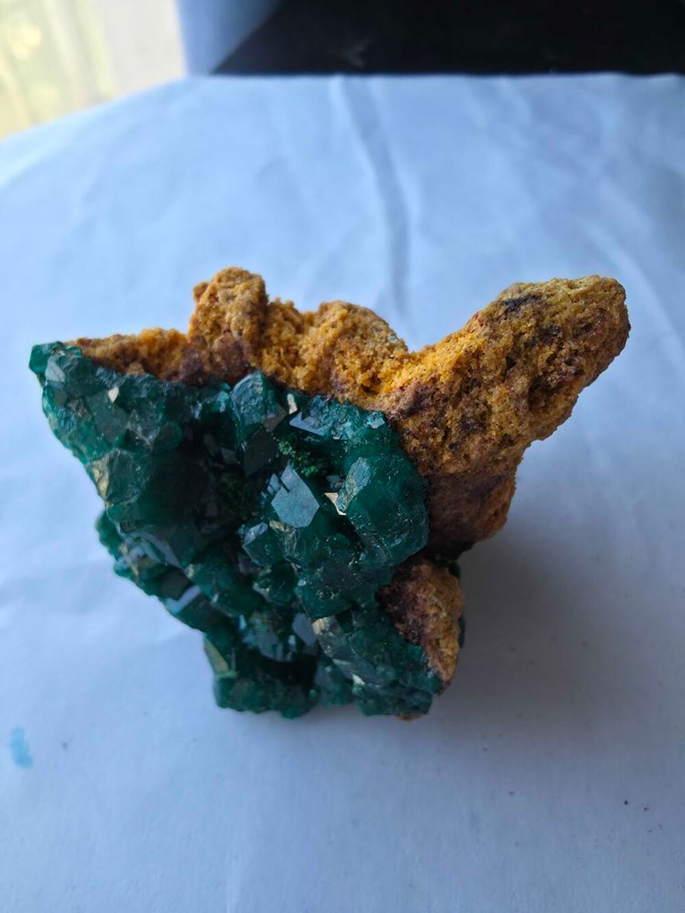 V&eacute;ritable Dioptase sur Gangue Ocre-Min&eacute;ral de Collection Katanga 92g 