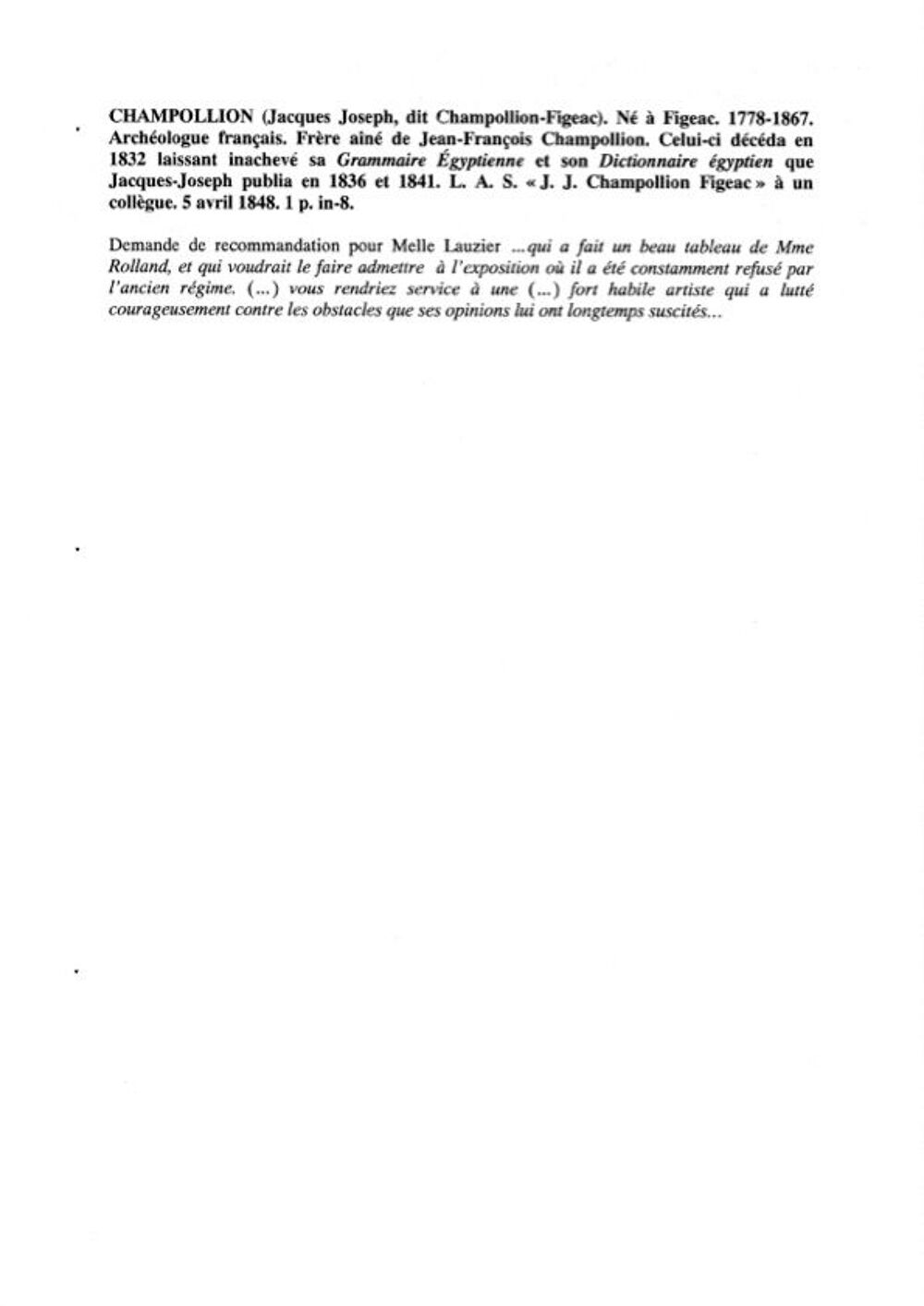Lettre de Champollion-Figeac pour Mademoiselle Lauzier 