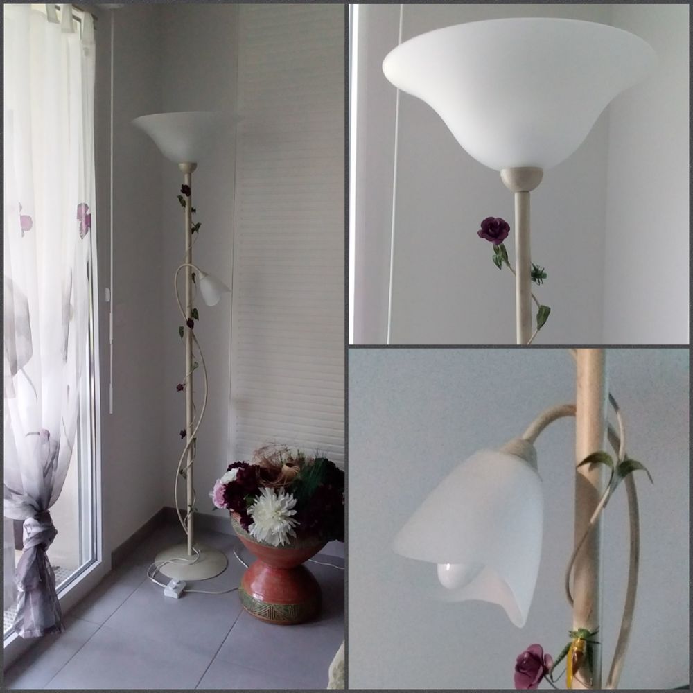 Lampadaire 2 L M&eacute;tal Fleurs Vintage Ivoire Décoration