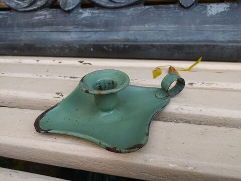 Ancien Bougeoir � Main T�le �maill�e Vert Aspect Us� Vintage 25 Loches (37)