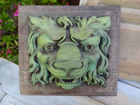Ancienne T�te Lion Bois Sculpt� Sculpture Style Homme Vert 59 Loches (37)