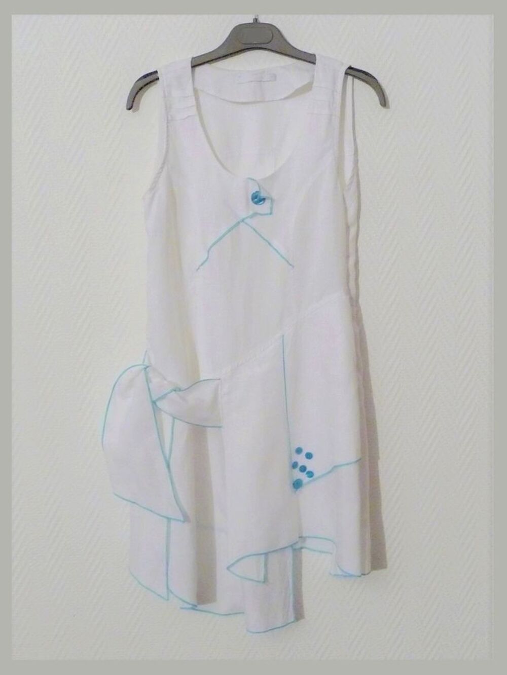 Tunique 100% Lin Blanc Bleu Turquoise sans manches-Me Paris Vêtements