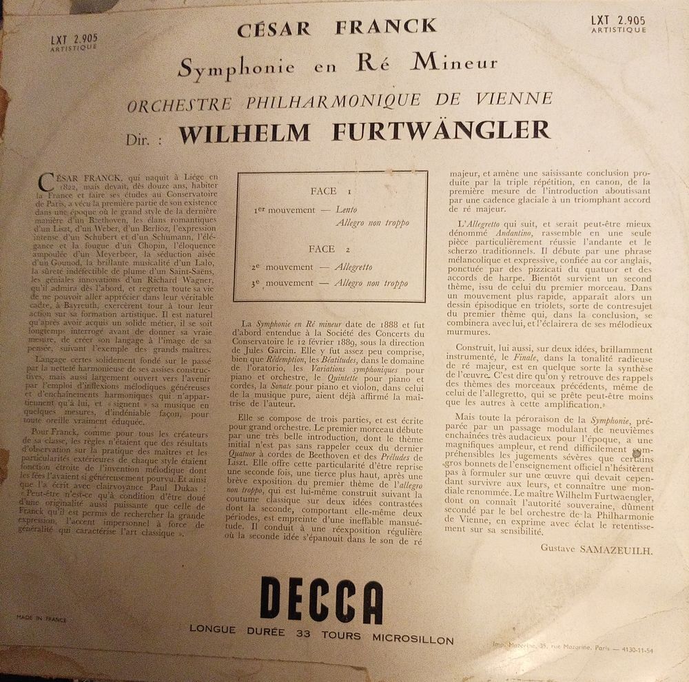 CESAR FRANCK / SYMPHONIE RE MINEUR/ WILHEIM FURTWANGLER / 3I CD et vinyles