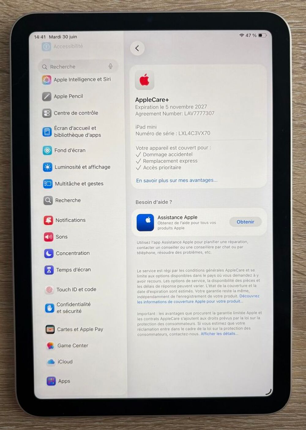 iPad mini / AppleCare+ 05 nov. 2027 / stylet pro
Téléphones et tablettes