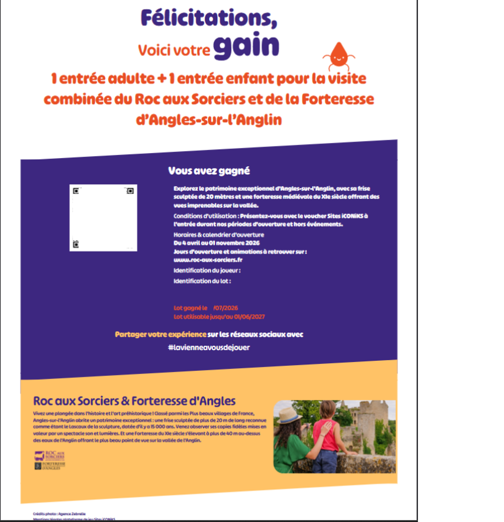 Entr&eacute;e adulte enfant Roc aux Sorciers et Forteresse d'Angles Billetterie