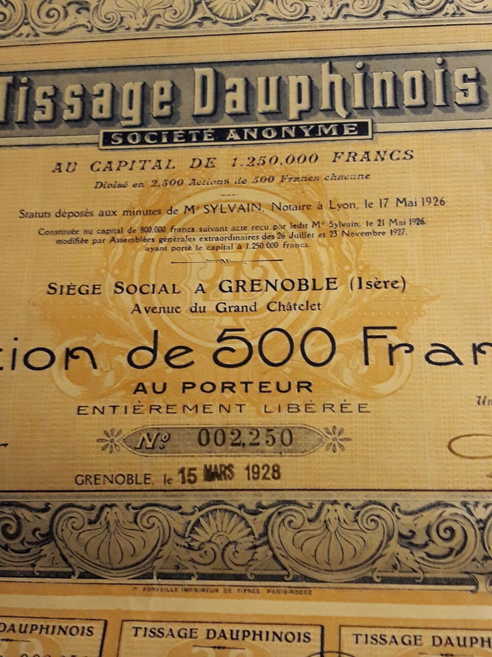ACTION ANCIENNE TISSAGE DAUPHINOIS 1927 