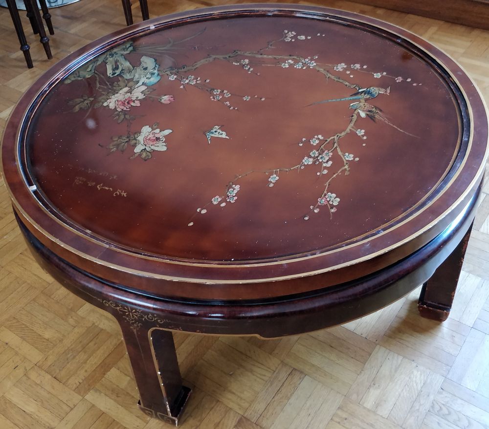 Table basse chinoise, d&eacute;cor fleurs et oiseaux Meubles