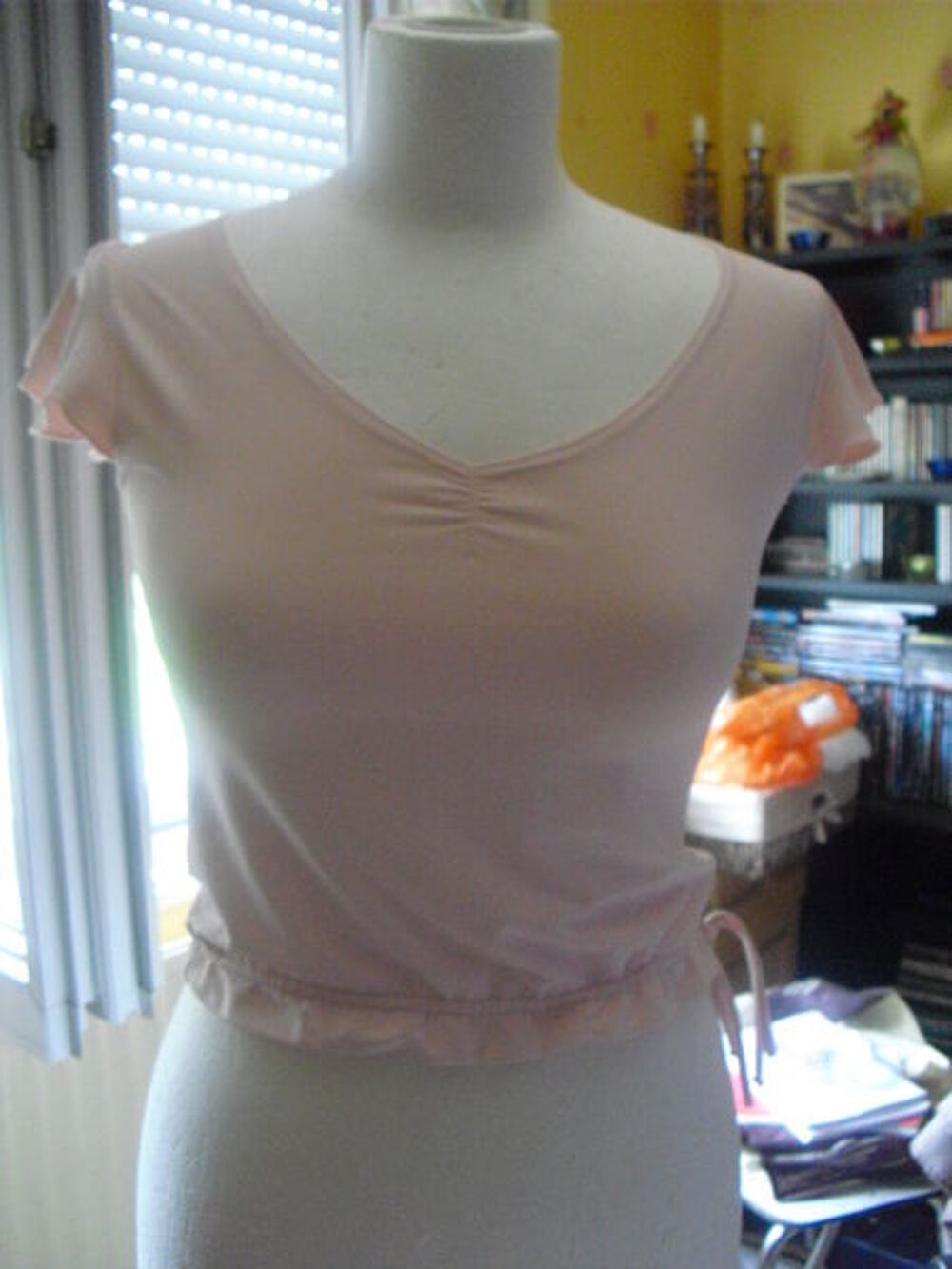 tee shirt, rose pale, touch&eacute; velour, taille 34/36 Vtements