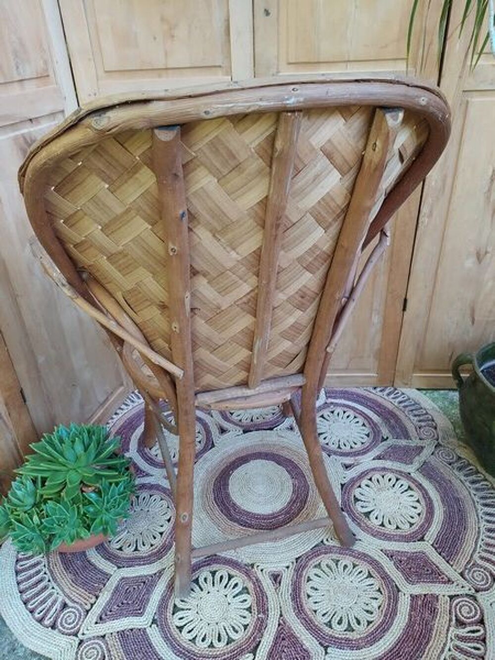 Ancien Fauteuil en Ch&acirc;taignier Tress&eacute; Style Rotin Meubles